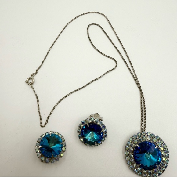 Vintage Three Sets Blue AB Crystal Rhinestones Blue Aqua Necklace and Earrings - Picture 6 of 10